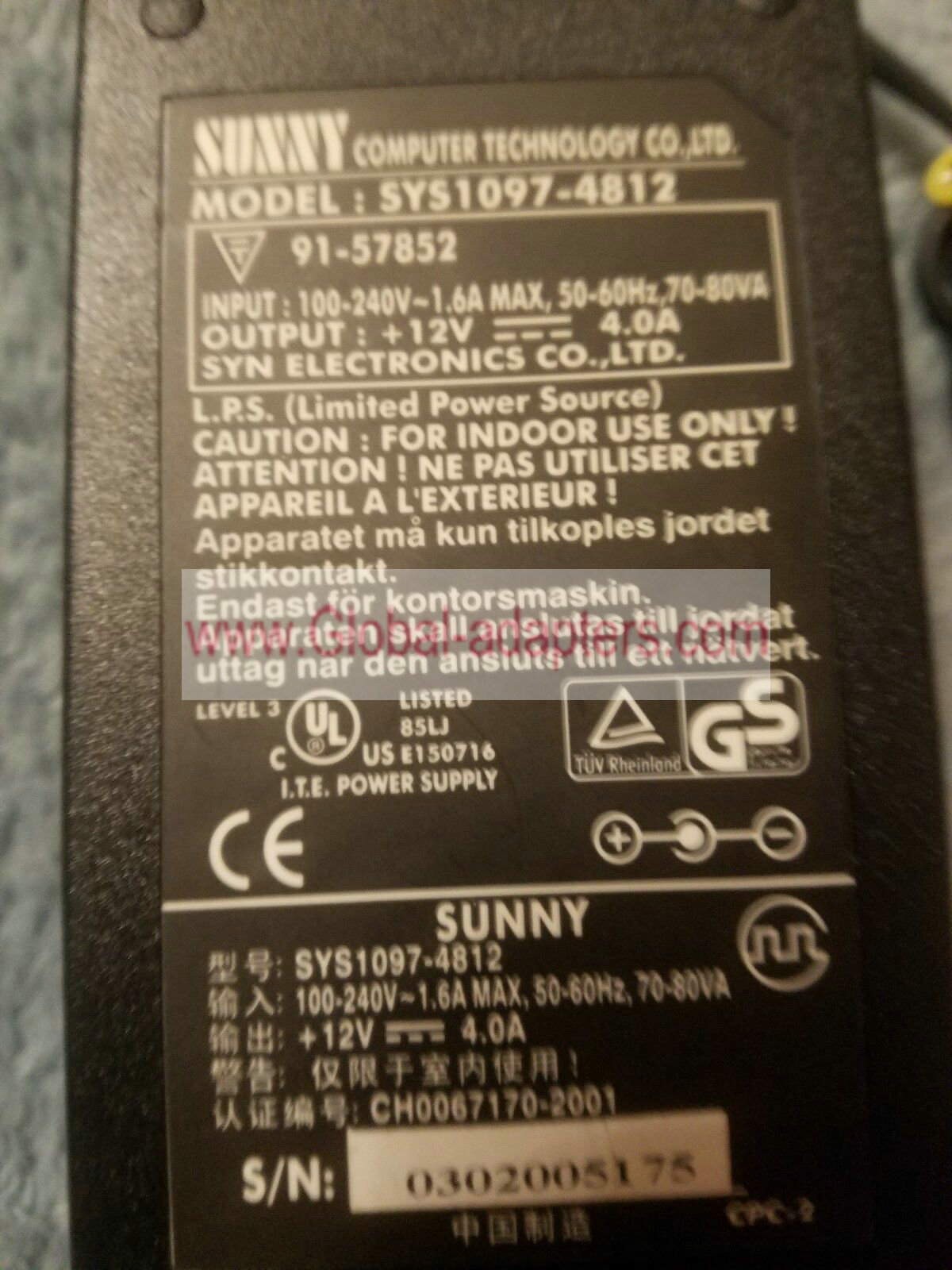 Genuine SUNNY SYS1097-4812 12VDC 4A AC Adapter power supply